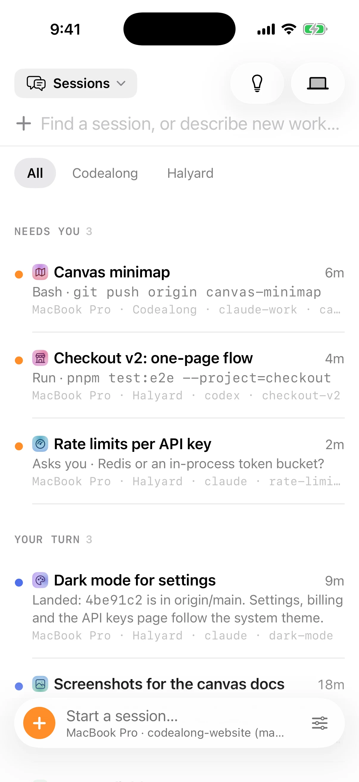 Codealong for iPhone: the sessions on both Macs that need you, then finished turns, and a box to start new work on a Mac.