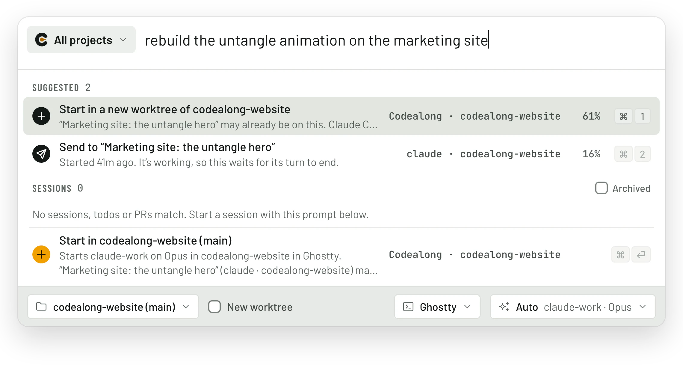 The quick panel warning that a running session may already be doing the work, and offering to send the prompt to it instead.