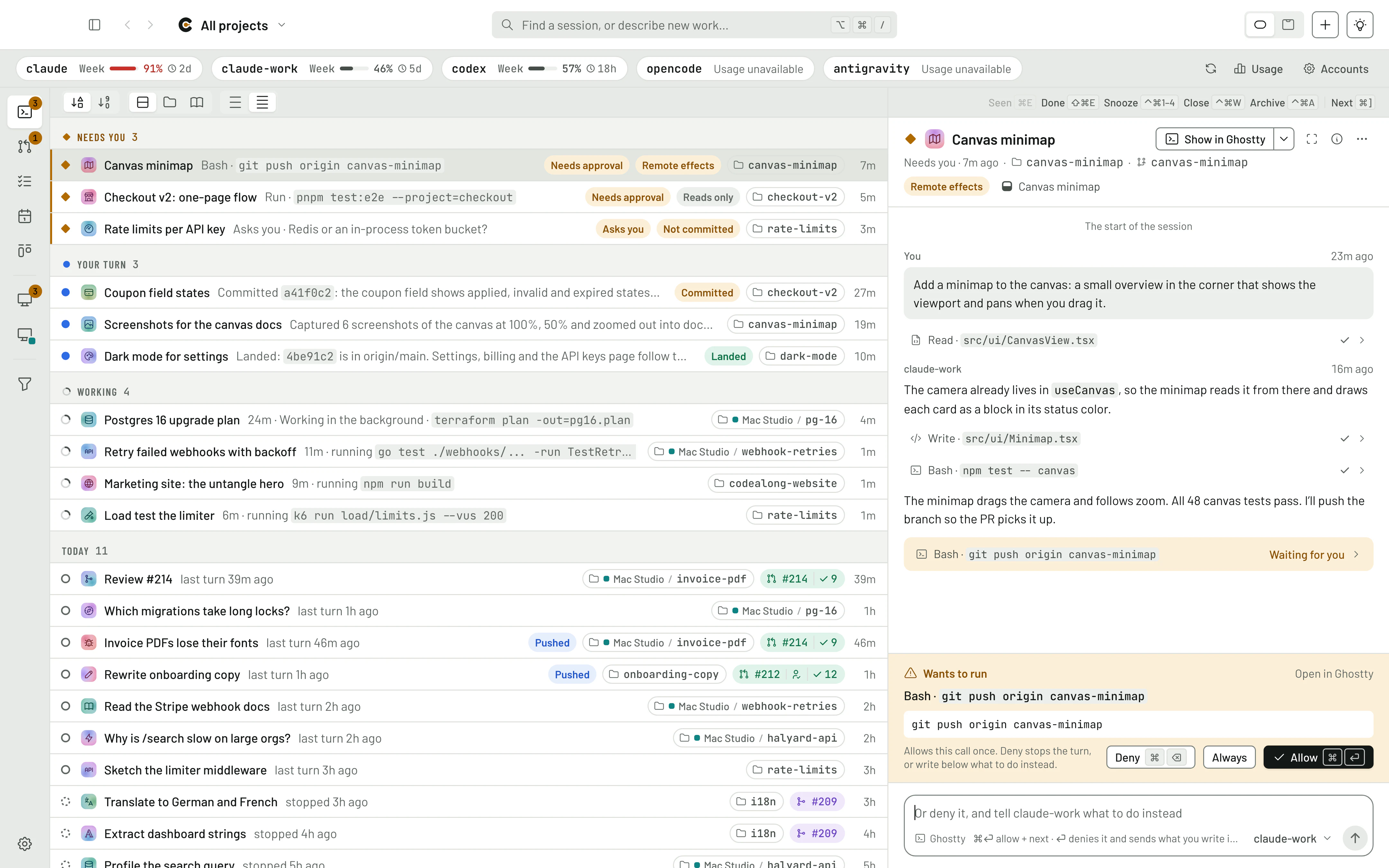 The Sessions view: every session on two Macs in one list, sorted into Needs you, Your turn, Working and Today, with Canvas minimap open beside it, waiting on Allow to run git push.